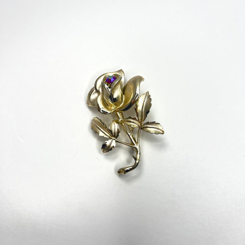 Vintage Florence Gold Tone Rose Brooch AB Rhinestone Signed Pin Love Faith Retro